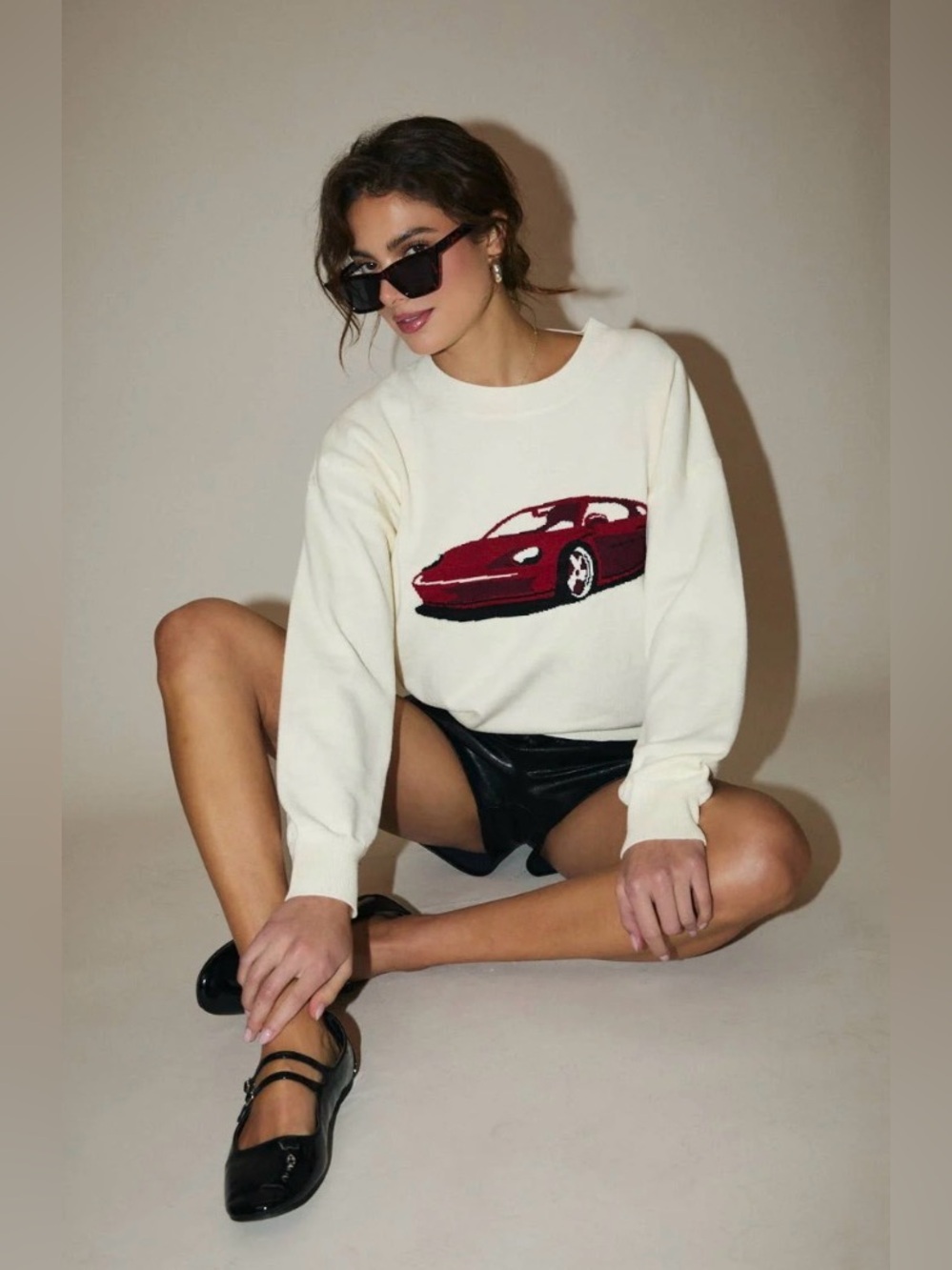 224 Cream Graphic Car Crewneck Sweater - Women